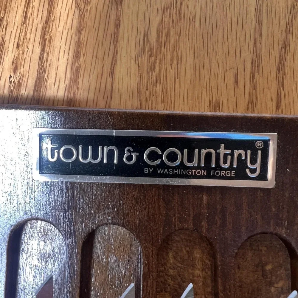 Vintage Washington Forge Town & Country Steak Knives Set 6 Wood Rack USA